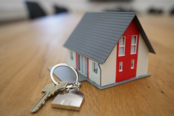 Picture of a home key chain accessory with a house key attached 